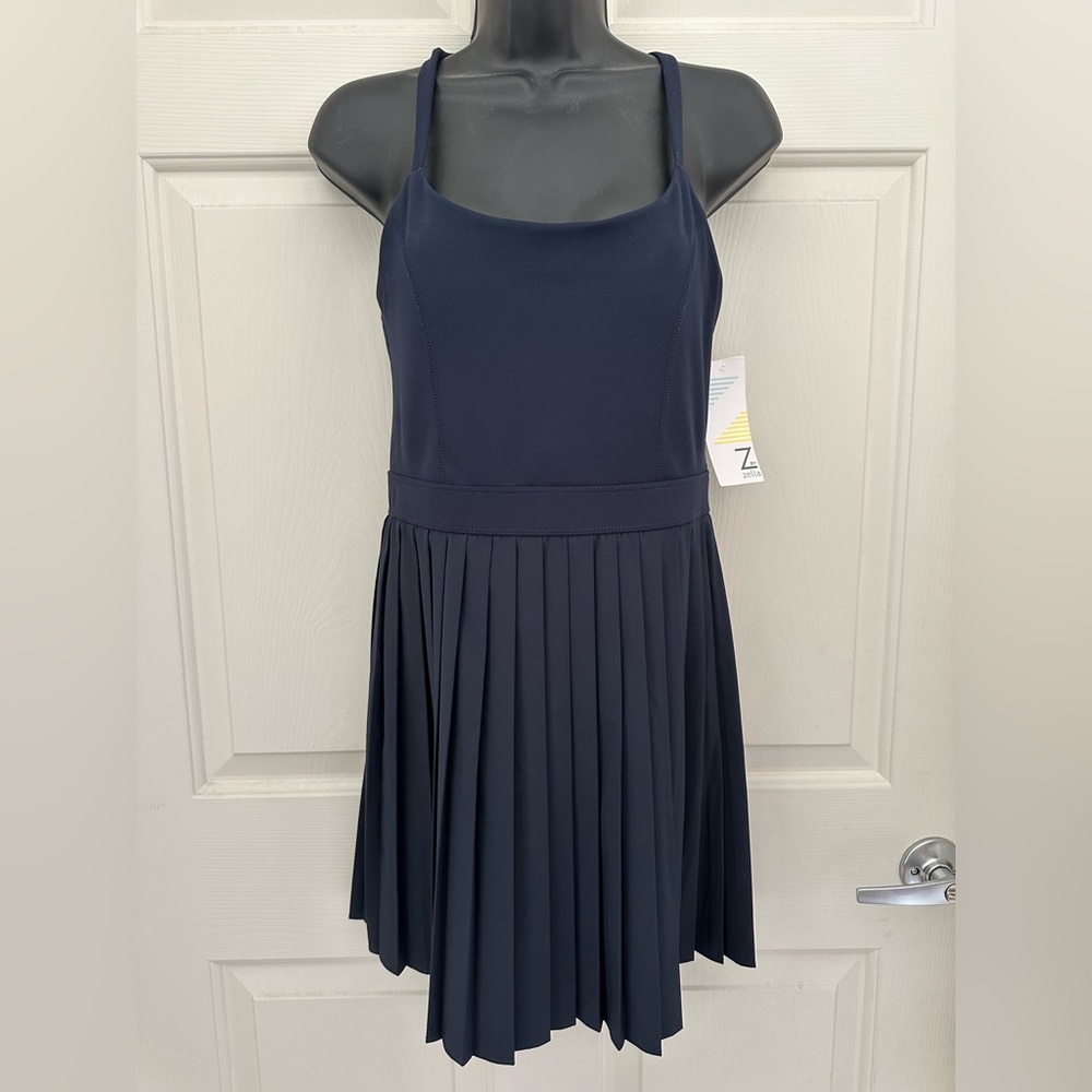 NWT Z by ZELLA Navy Sapphire Crossback Pleated Tiebreaker Dress S